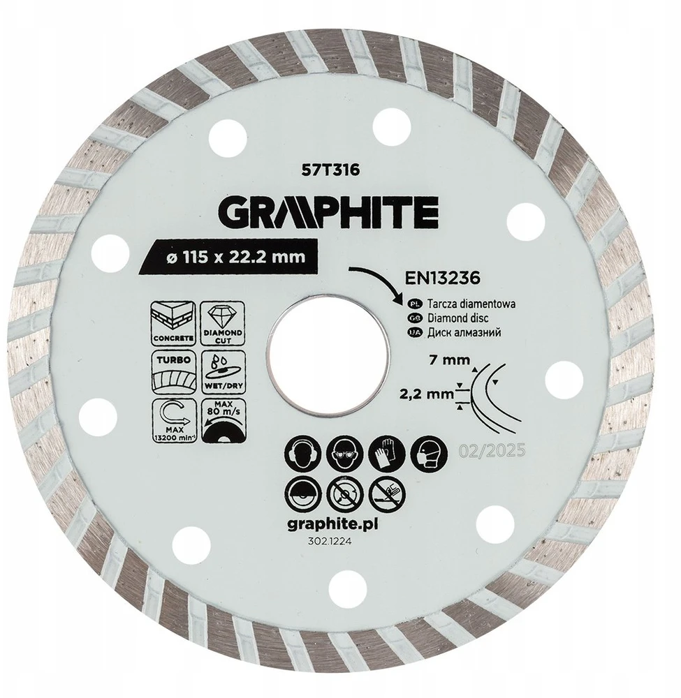 Graphite Tarcza Turbo deimantinis pjovimo diskas, 115 x 22,22 mm, sausam ir šlapiam apdirbimui
