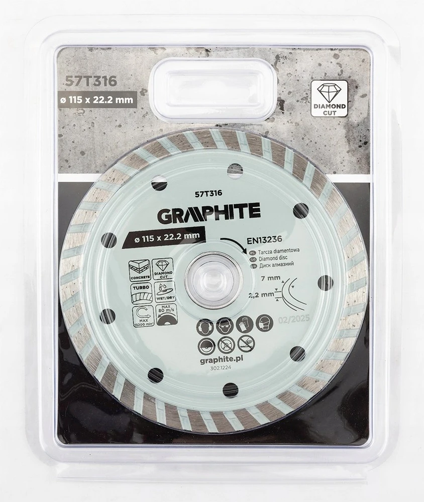 Graphite Tarcza Turbo deimantinis pjovimo diskas, 115 x 22,22 mm, sausam ir šlapiam apdirbimui