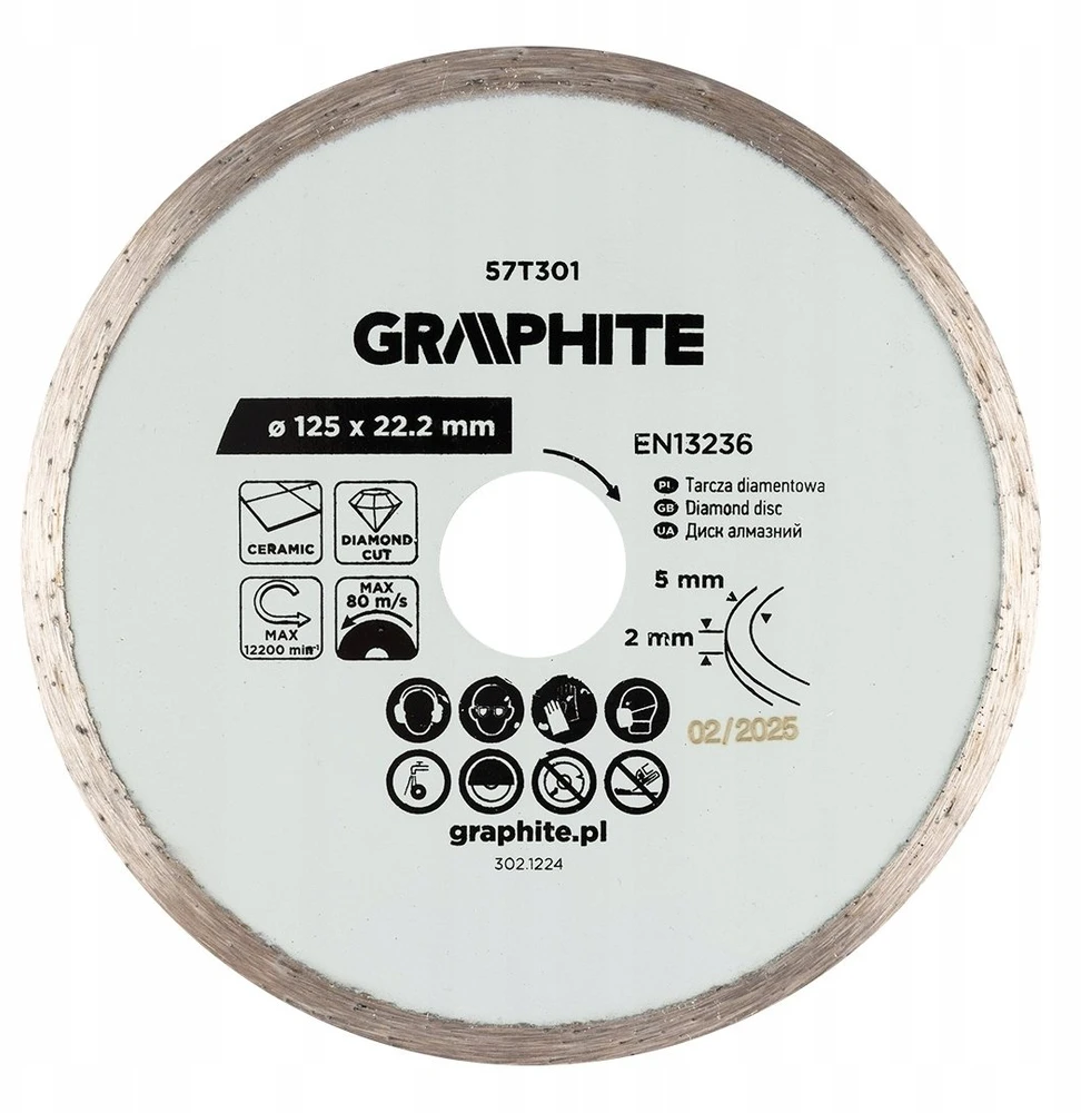 Graphite Tarcza Deimantinis pjovimo diskas, 125 x 22,2 mm, šlapiam apdorojimui