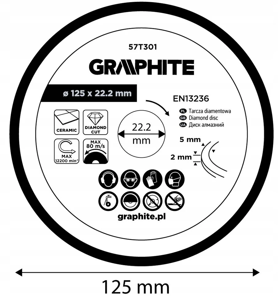 Graphite Tarcza Deimantinis pjovimo diskas, 125 x 22,2 mm, šlapiam apdorojimui
