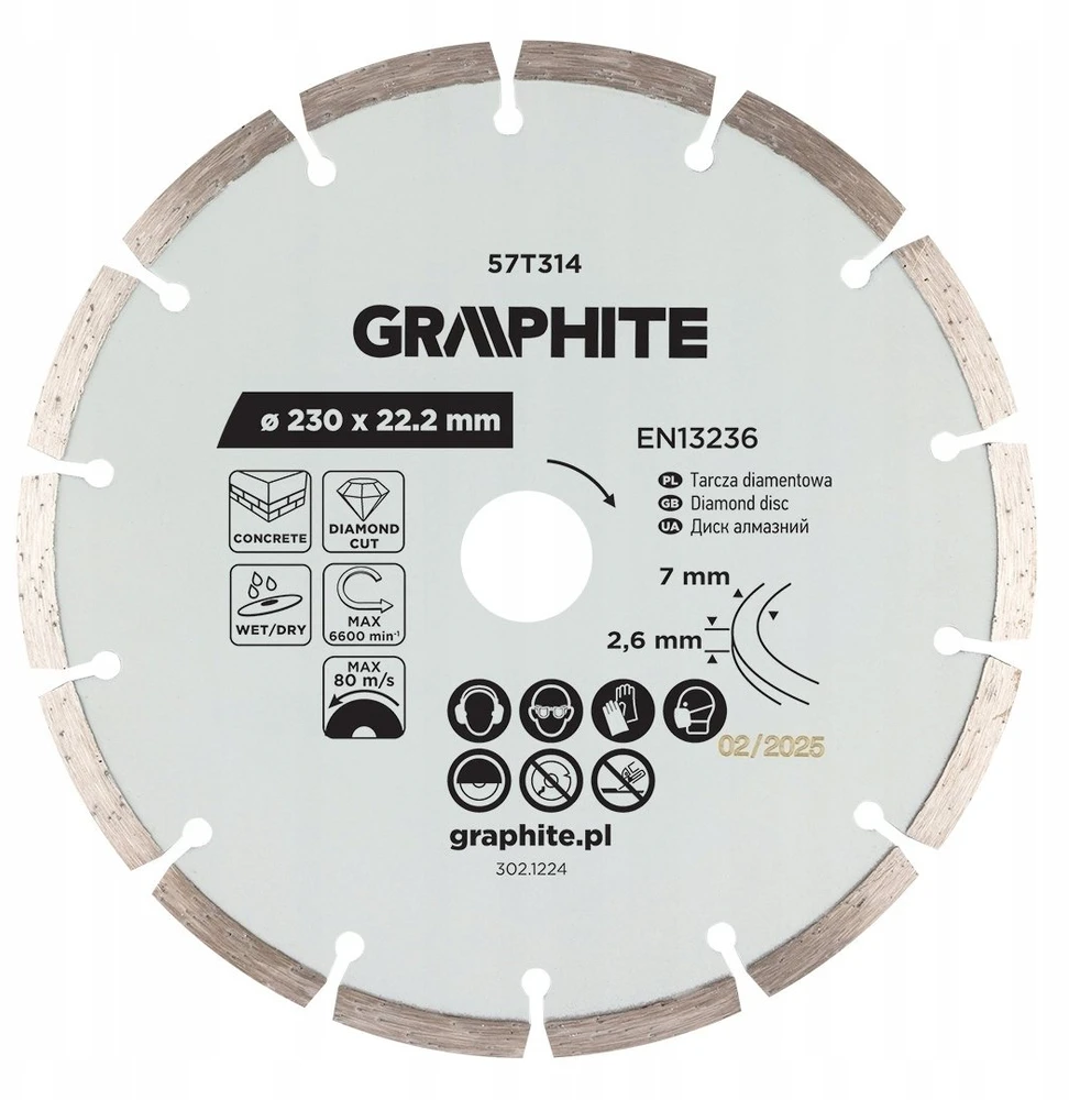 Graphite Tarcza Segmentuotas deimantinis pjovimo diskas, 230 x 22,2 mm, sausam ir šlapiam apdirbimui