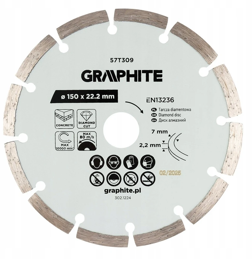 Graphite Tarcza Segmentuotas deimantinis pjovimo diskas, 150 x 22,2 mm, sausam apdorojimui