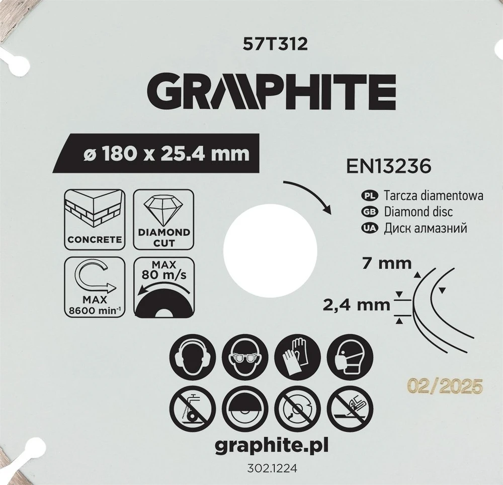 Graphite Tarcza Segmentuotas deimantinis pjovimo diskas, 180 x 25,4 mm, sausam apdorojimui