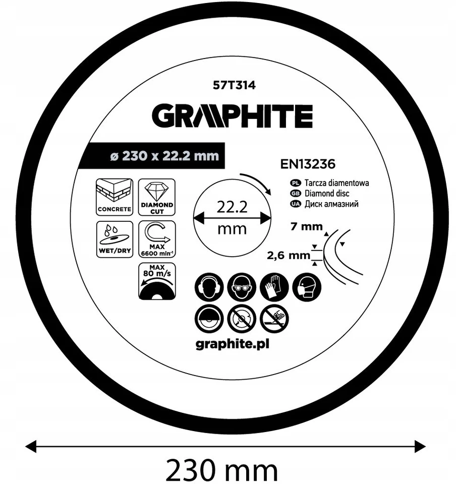 Graphite Tarcza Segmentuotas deimantinis pjovimo diskas, 230 x 22,2 mm, sausam ir šlapiam apdirbimui