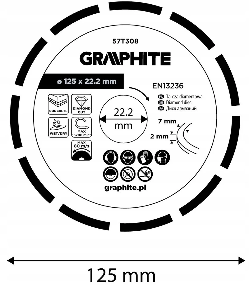 Graphite Tarcza Segmentuotas deimantinis pjovimo diskas, 125 x 22,2 mm, sausam ir šlapiam apdirbimui