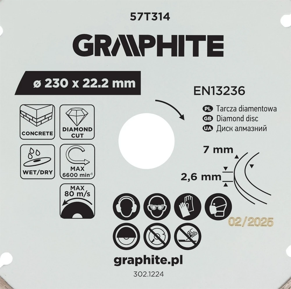 Graphite Tarcza Segmentuotas deimantinis pjovimo diskas, 230 x 22,2 mm, sausam ir šlapiam apdirbimui