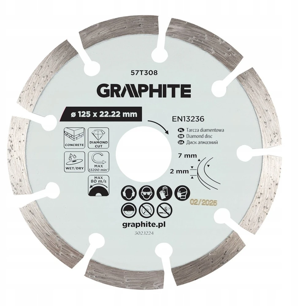 Graphite Tarcza Segmentuotas deimantinis pjovimo diskas, 125 x 22,2 mm, sausam ir šlapiam apdirbimui