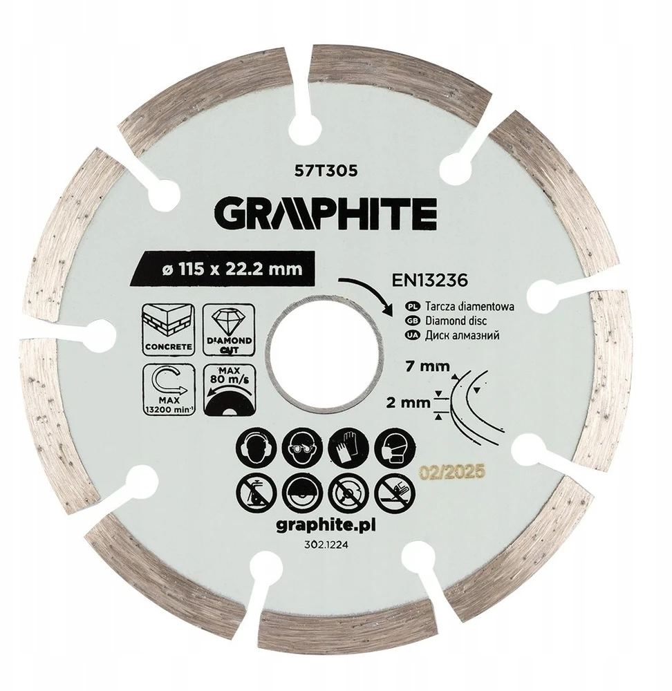 Graphite Tarcza Segmentuotas deimantinis pjovimo diskas, 115 x 22,2 mm, sausam apdorojimui