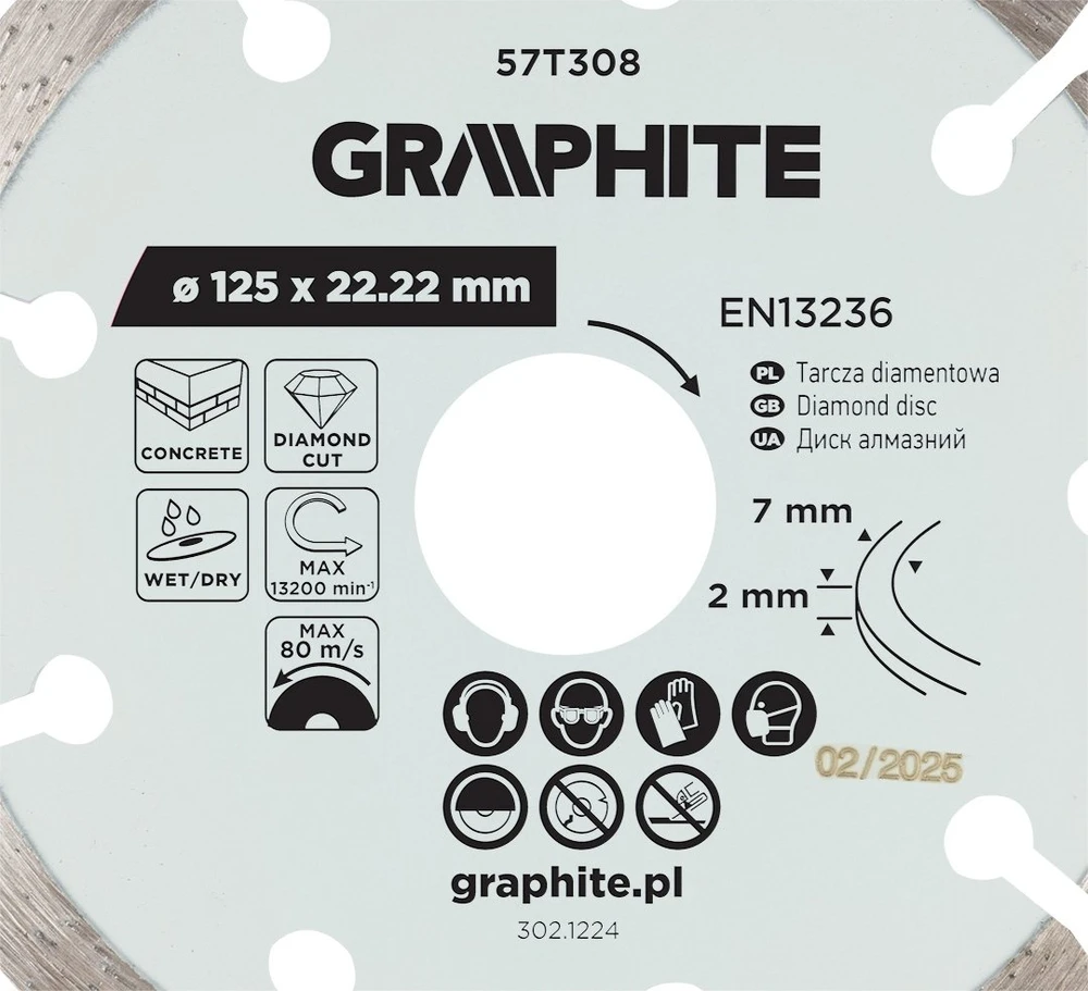 Graphite Tarcza Segmentuotas deimantinis pjovimo diskas, 125 x 22,2 mm, sausam ir šlapiam apdirbimui