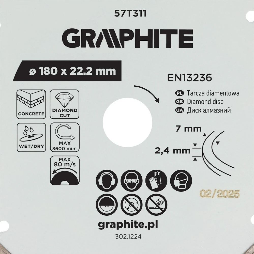 Graphite Tarcza Segmentuotas deimantinis pjovimo diskas, 180 x 22,2 mm, sausam ir šlapiam apdirbimui