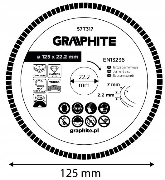 Graphite Tarcza Deimantinis pjovimo diskas „Turbo“, 125 x 22,22 mm, sausas