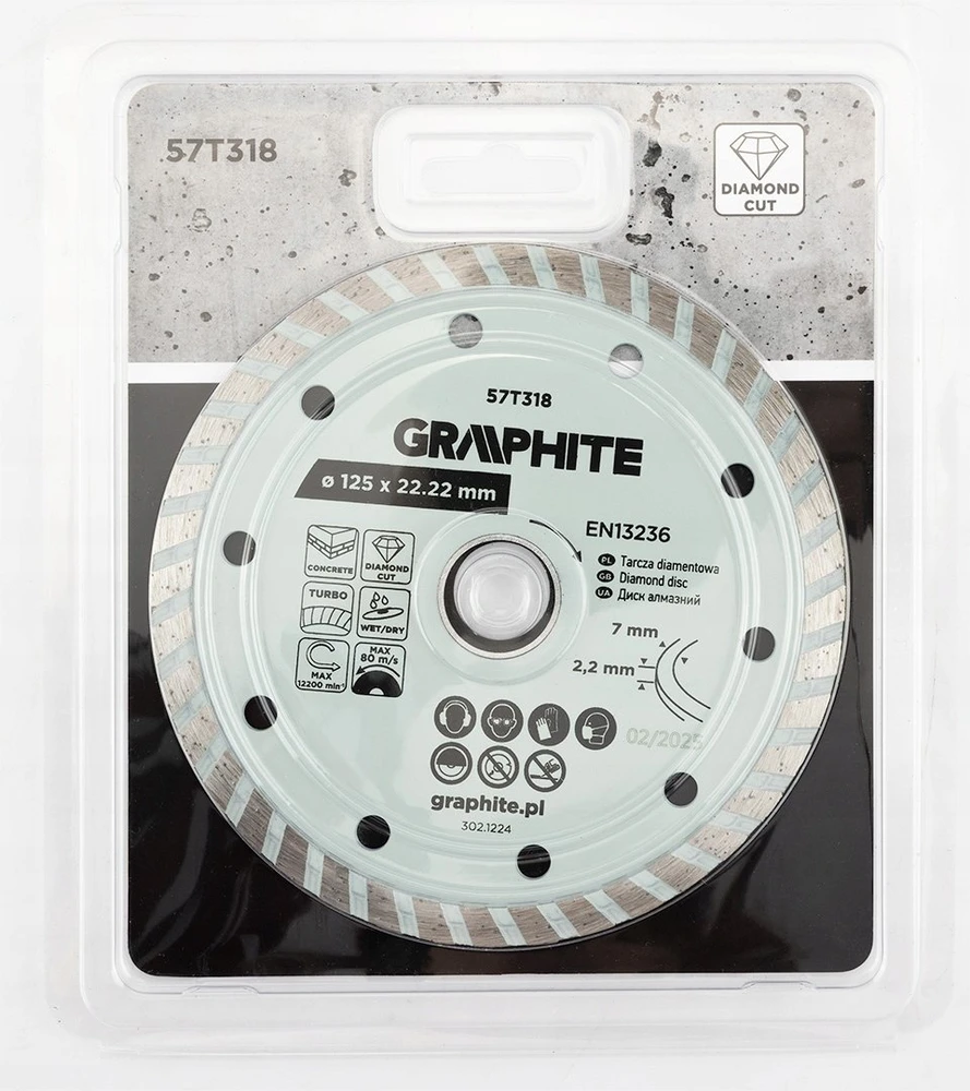 Graphite Tarcza Turbo deimantinis pjovimo diskas, 125 x 22,22 mm, sausam ir šlapiam apdirbimui