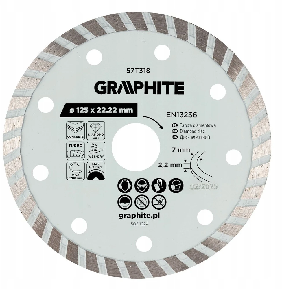 Graphite Tarcza Turbo deimantinis pjovimo diskas, 125 x 22,22 mm, sausam ir šlapiam apdirbimui