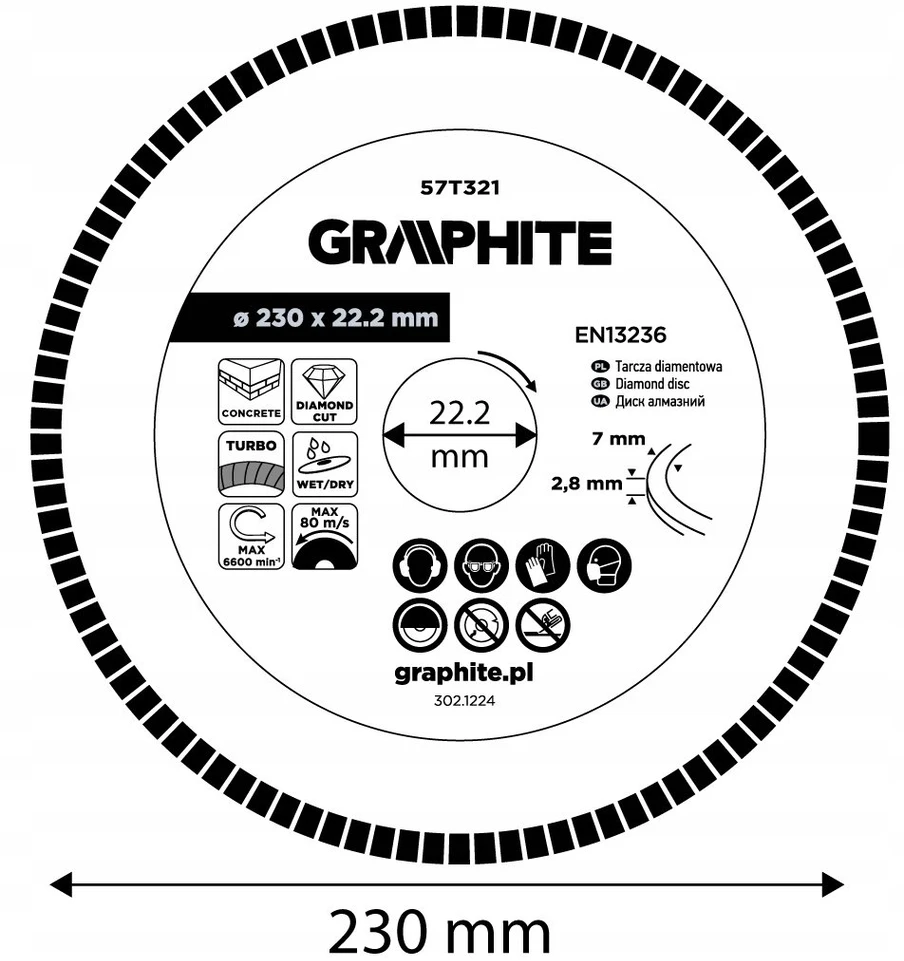 Graphite Tarcza Turbo deimantinis pjovimo diskas, 230 x 22,22 mm, sausam ir šlapiam apdirbimui
