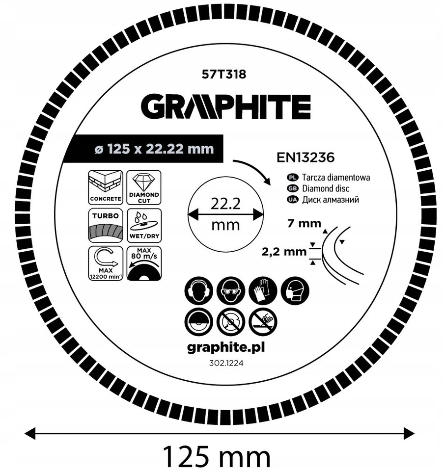 Graphite Tarcza Turbo deimantinis pjovimo diskas, 125 x 22,22 mm, sausam ir šlapiam apdirbimui