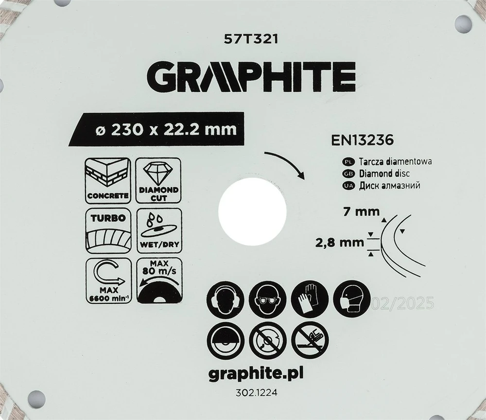 Graphite Tarcza Turbo deimantinis pjovimo diskas, 230 x 22,22 mm, sausam ir šlapiam apdirbimui