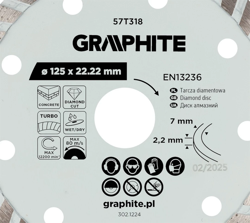 Graphite Tarcza Turbo deimantinis pjovimo diskas, 125 x 22,22 mm, sausam ir šlapiam apdirbimui