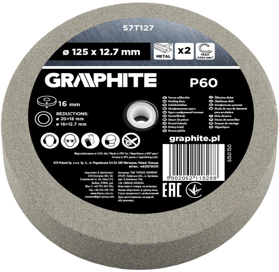 Graphite Tarcze Šlifavimo diskai 125 x 20/16/12,7 x 16 mm, P60, 2 vnt.