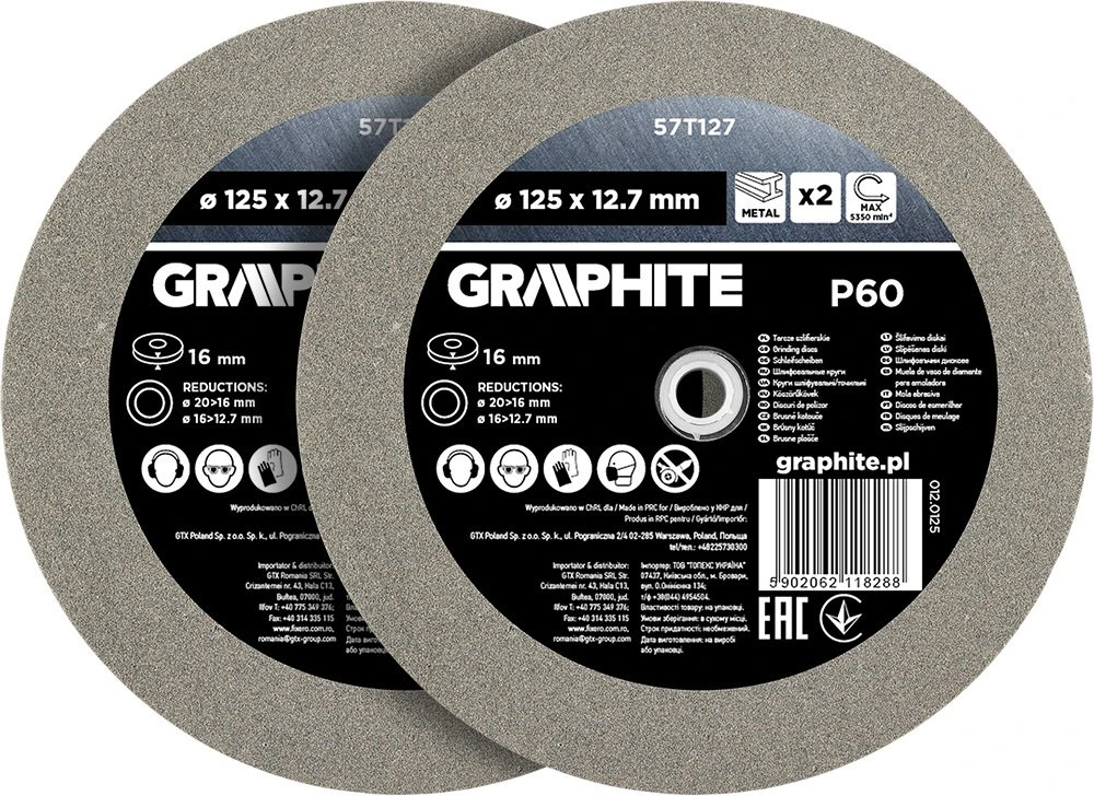 Graphite Tarcze Šlifavimo diskai 125 x 20/16/12,7 x 16 mm, P60, 2 vnt.