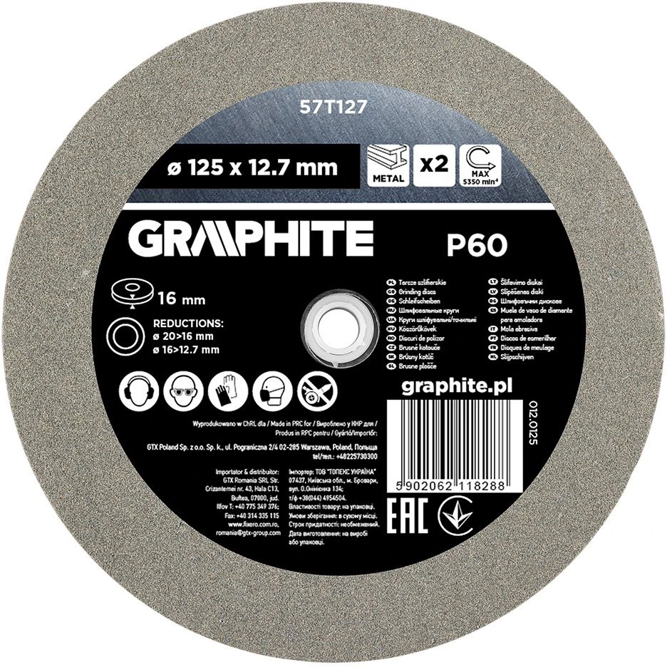 Graphite Tarcze Šlifavimo diskai 125 x 20/16/12,7 x 16 mm, P60, 2 vnt.