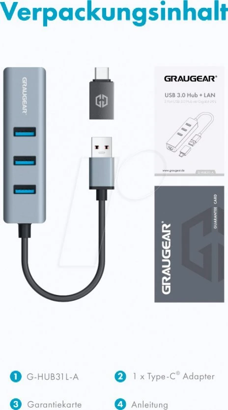 Graugear GRAUGEAR USB HUB USB-HUB 3x USB 3.0 prievadai Type-A+ Gbit LAN mažmeninė prekyba