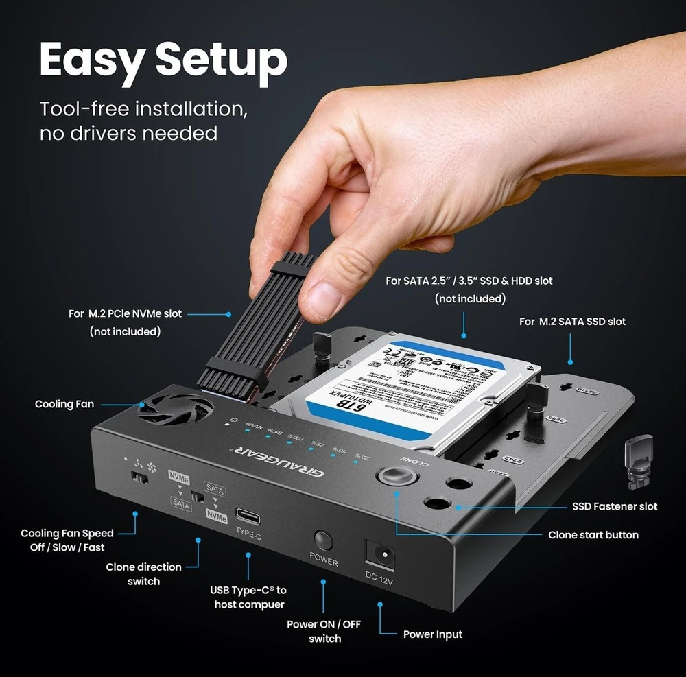 Doko stotelė Graugear GRAUGEAR Klonstation für M.2 NVMe/SATA SSDds & 2,5"/3,5" HDD