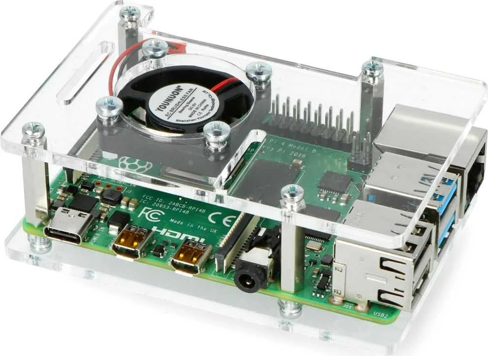 Gravlaser Raspberry Pi 4B/3B+/3B/2B dėklas, atidaromas, su ventiliatoriumi - skaidrus