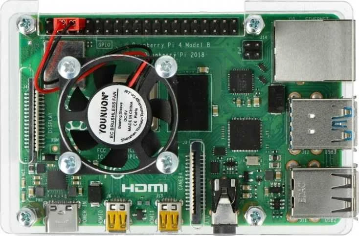 Gravlaser Raspberry Pi 4B/3B+/3B/2B dėklas, atidaromas, su ventiliatoriumi - skaidrus