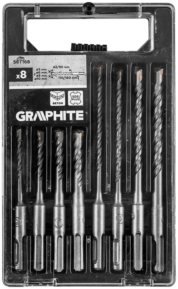 Grąžtas Graphite Rinkinys SDS Plus dvigubų spiralinių betono grąžtų rinkinys: 5, 6, 8, 10 x 110 mm, 5, 6, 8, 10 x 160 mm