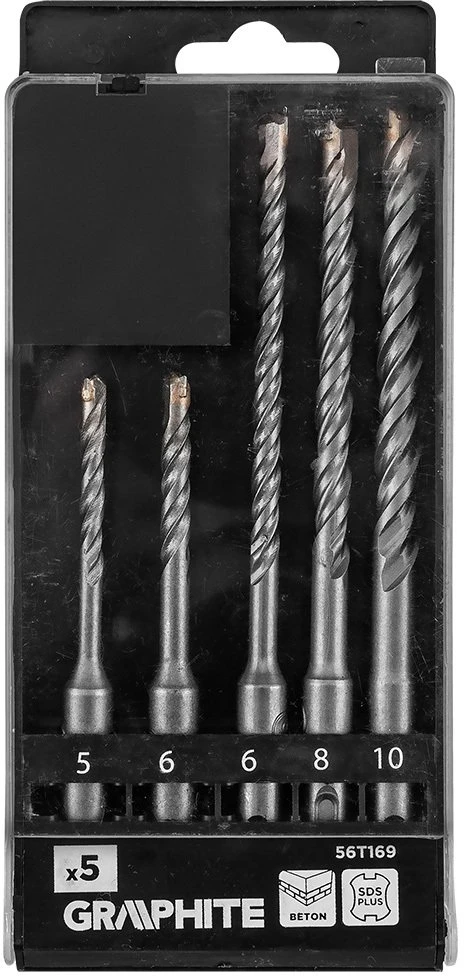 Grąžtas Graphite Rinkinys SDS Plus dvigubų spiralinių betono grąžtų rinkinys: 5, 6 x 110 mm, 6, 8, 10 x 160 mm, rinkinys: 5 vnt.