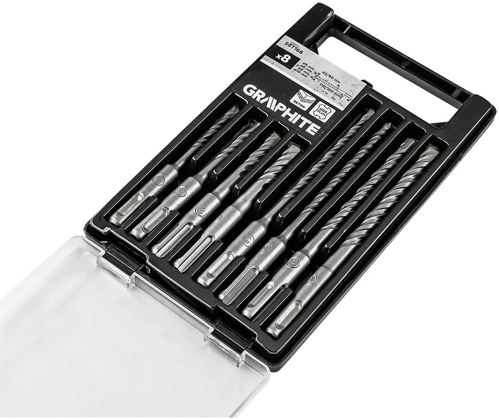 Grąžtas Graphite Rinkinys SDS Plus dvigubų spiralinių betono grąžtų rinkinys: 5, 6, 8, 10 x 110 mm, 5, 6, 8, 10 x 160 mm