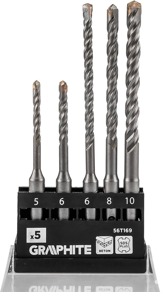 Grąžtas Graphite Rinkinys SDS Plus dvigubų spiralinių betono grąžtų rinkinys: 5, 6 x 110 mm, 6, 8, 10 x 160 mm, rinkinys: 5 vnt.