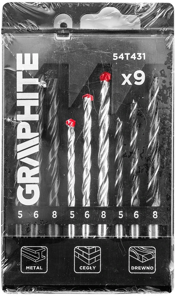 Grąžtas Graphite Rinkinys Grąžtų rinkinys metalui, medienai, plytoms: 5, 6, 8 mm, 9 vnt.