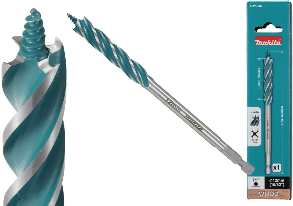 Makita Grąžtas medienai su 4 grioveliais ir 4 pjaunančiomis briaunomis, 12x165 mm, su 1/4" šešiakampiu koteliu E-26646