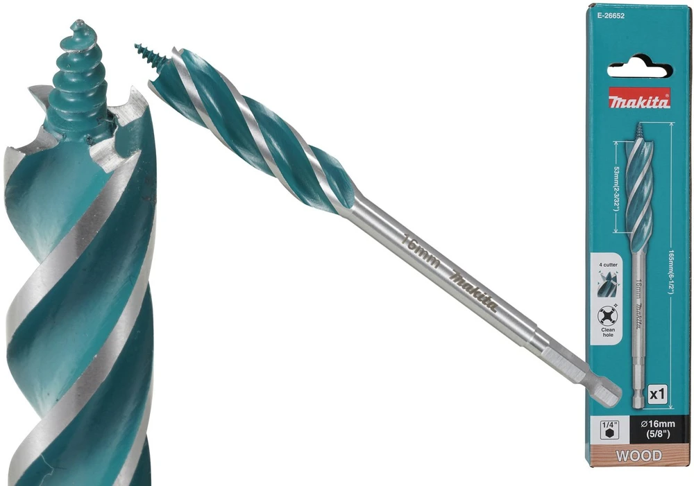 Makita Grąžtas medienai su 4 grioveliais ir 4 pjaunančiomis briaunomis, 16x165 mm, su 1/4" šešiakampiu koteliu E-26652