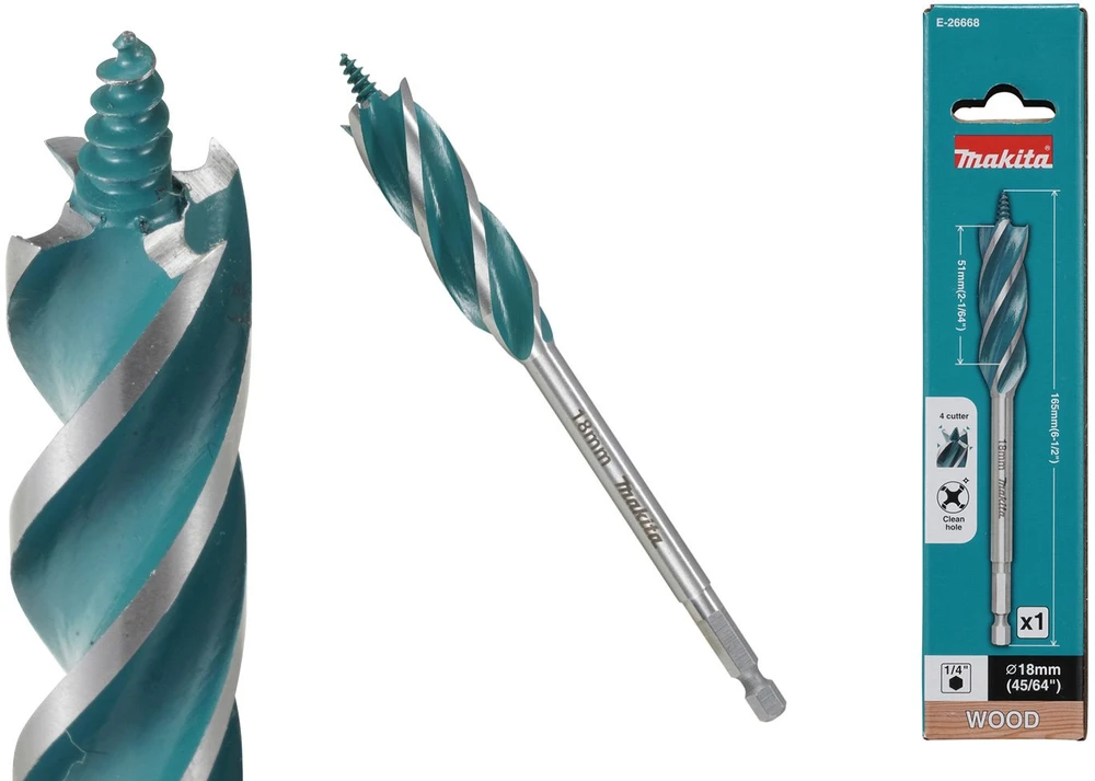 Makita Grąžtas medienai su 4 grioveliais ir 4 pjaunančiomis briaunomis, 18x165 mm, su 1/4" šešiakampiu koteliu 13,80 E-26668