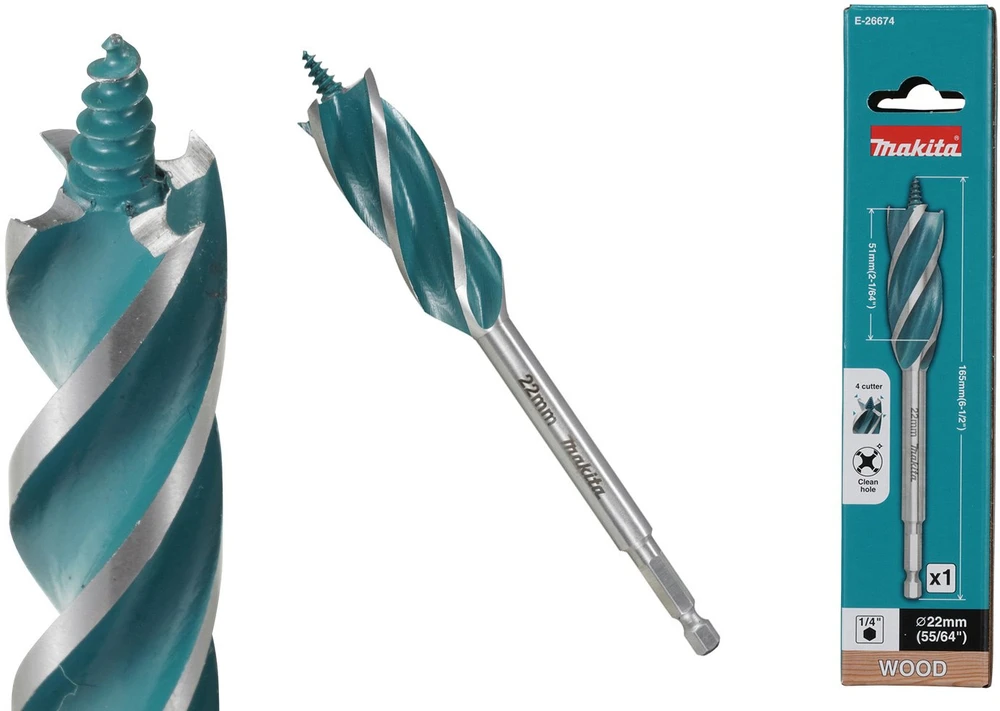 Makita Grąžtas medienai su 4 grioveliais ir 4 pjaunančiomis briaunomis, 22x165 mm, su 1/4" šešiakampiu koteliu E-26674