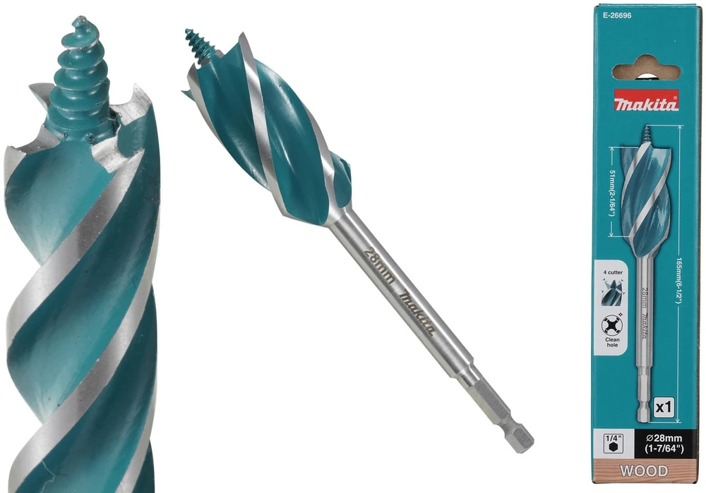 Makita Grąžtas medienai su 4 grioveliais ir 4 pjaunančiomis briaunomis, 28x165 mm, su 1/4" šešiakampiu koteliu E-26696