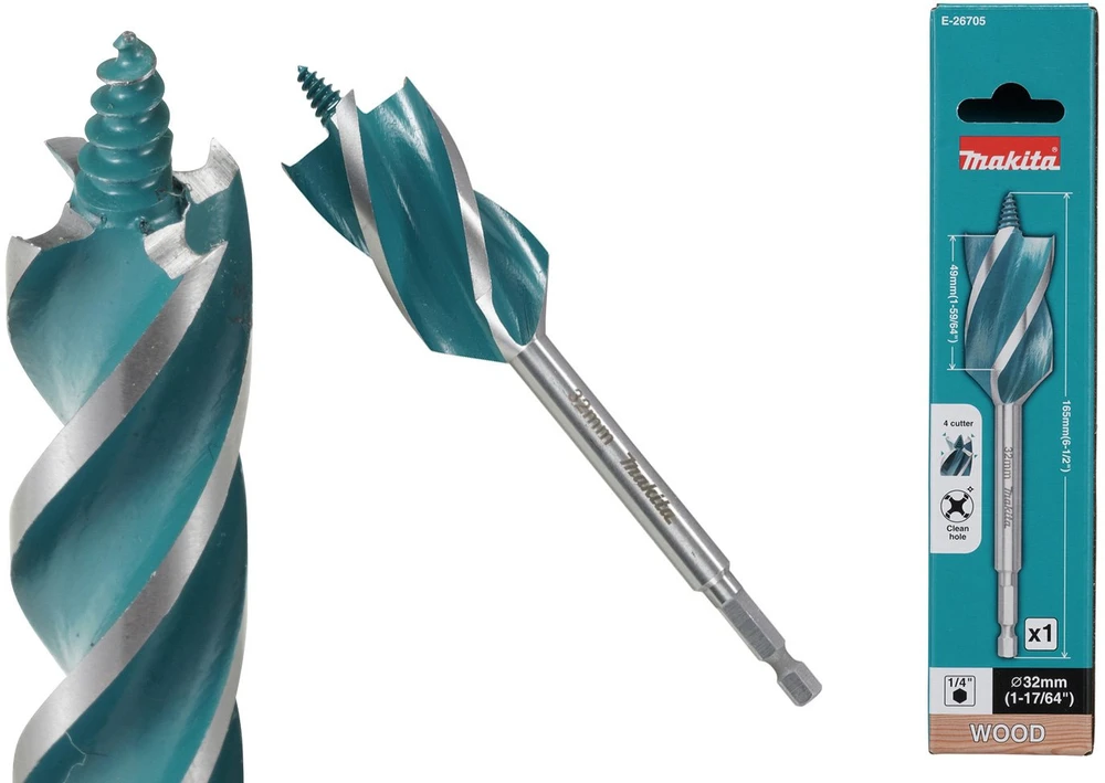 Makita Grąžtas medienai su 4 grioveliais ir 4 pjaunančiomis briaunomis, 32x165 mm, su 1/4" šešiakampiu koteliu E-26705