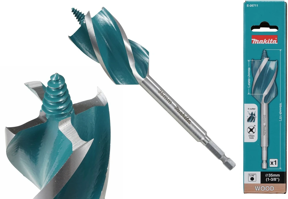 Makita Grąžtas medienai su 4 grioveliais ir 4 pjaunančiomis briaunomis, 35x165 mm, su 1/4" šešiakampiu koteliu E-26711