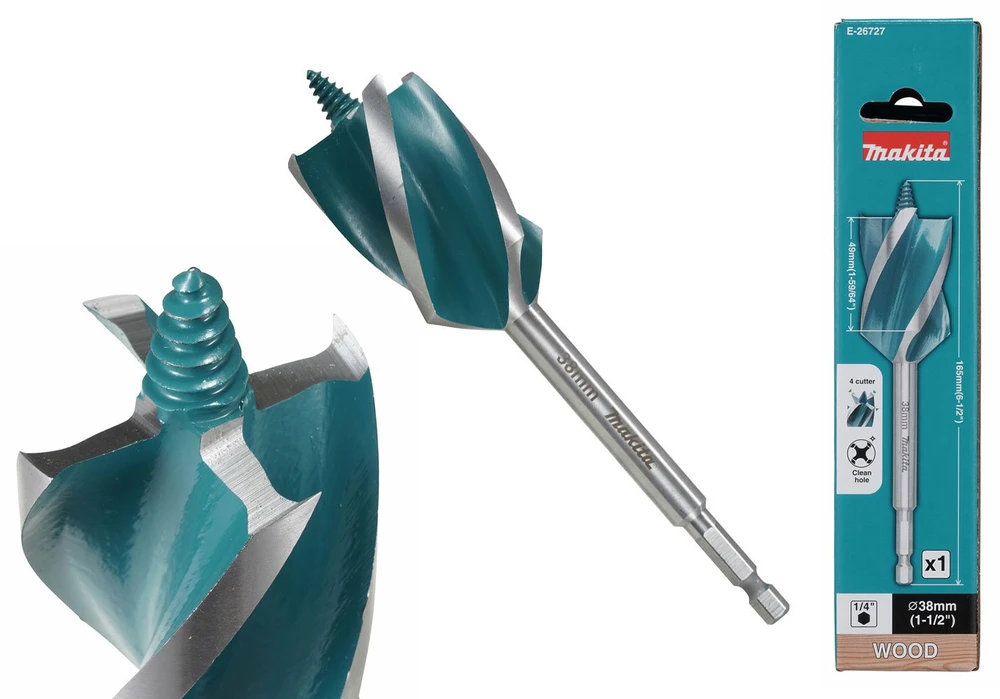 Makita Grąžtas medienai su 4 grioveliais ir 4 pjaunančiomis briaunomis, 38x165 mm, su 1/4" šešiakampiu koteliu E-26727