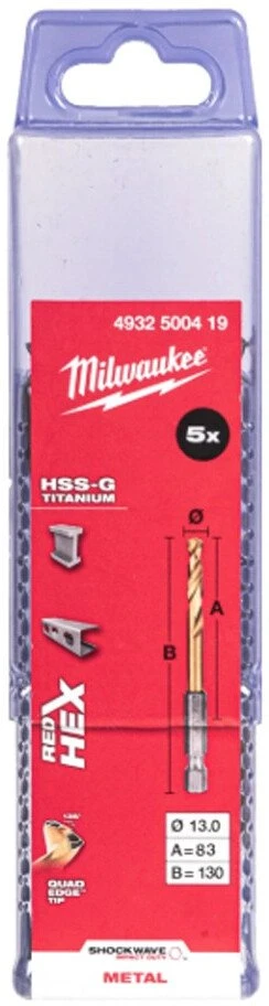 Proedge Grąžtas metalui Milwaukee SHOCKWAVE Raudonas; HSS-G Ti; HEX; 13 mm; 5 vnt.