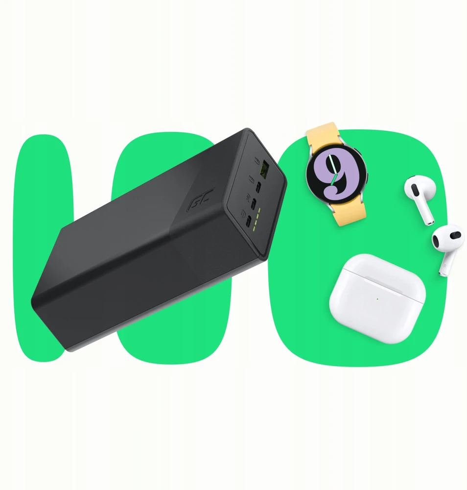 Green Cell Žalias Cell Greencell PowerPlay 30 – balta išorinė baterija, kurios talpa 30 000 mAh, 22.5 W, 4 prievadai