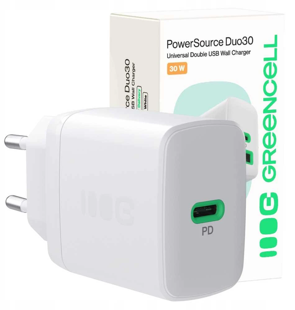 Green Cell Žalias Cell Greencell PowerSource Solo30 Ladegerät USB C baltas maitinimo adapteris 30W maitinimo tiekimas