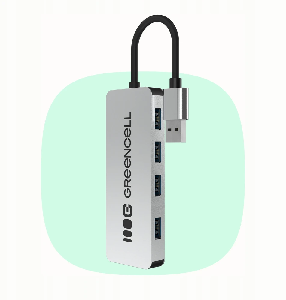 Green Cell Žalias Cell Adapteris Basic HUB Greencell USB-A 4in1 (4×USB 3.0) – greitas duomenų perdavimas iki 5 Gb/s, aliuminio korpusas