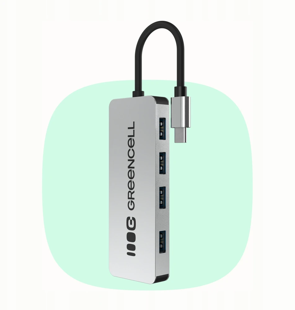 Green Cell Žalias Cell Adapteris Basic HUB Greencell USB-C 4in1 (4×USB-A 3.0) – greitas perdavimas iki 5 Gb/s, aliuminio korpusas
