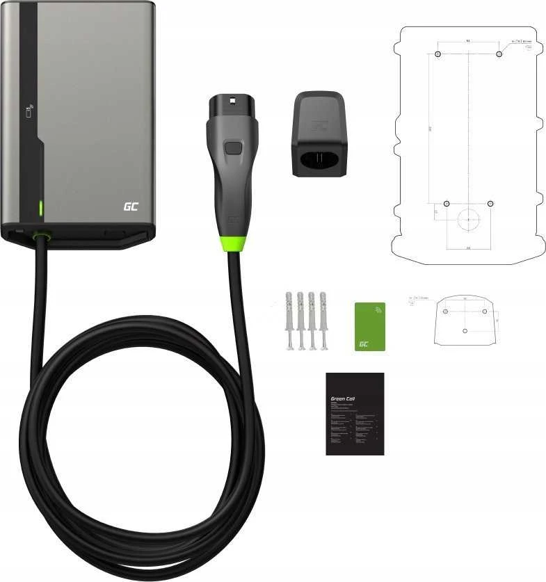 „Žalias Cell“ sieninė įkrovimo dėžutė Žalias „Cell HabuDen“ 22 kW 32 A - 7,5 m laidas su NFC