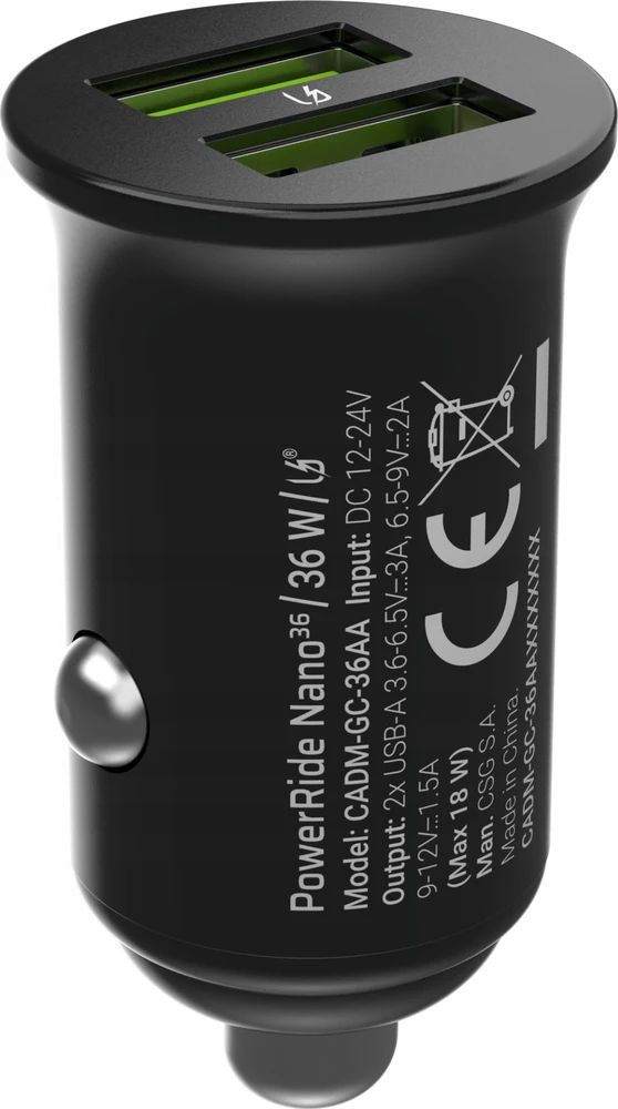Green Cell Žalias Cell Žalias Cell automobilinis įkroviklis 36W GC PowerRide Nano36 su 2x USB-A Ultra Charge greitas įkrovimas