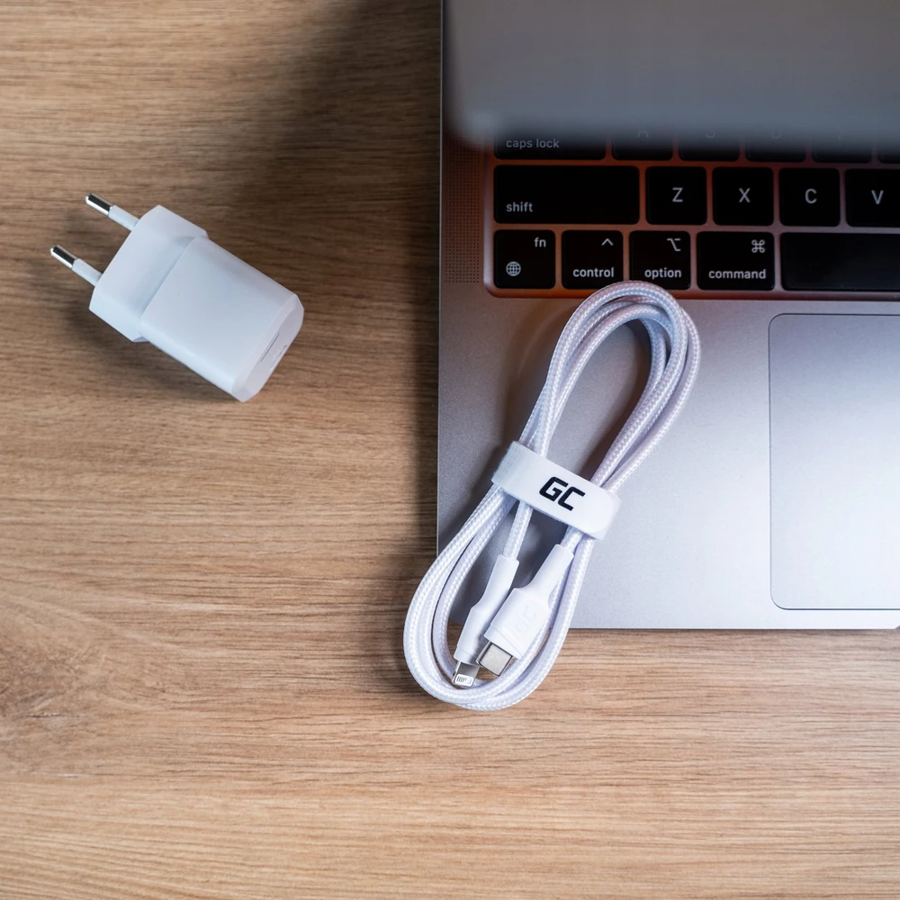 Green Cell Žalias Cell Kabelis Baltas USB-C – Lightning MFi 1m per Apple iPhone Žalias Cell PowerStream, su greitu Power Delivery įkrovimu