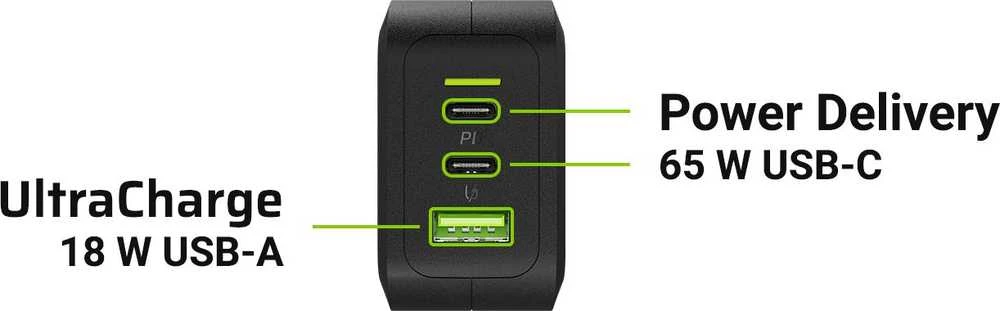 Green Cell Žalias Cell Žalias CELL Charger PowerGaN 65W 2x USB-C PD 1x USB-A UC GaN